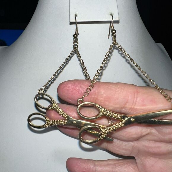 Gold Tone Fun and Funky Scissor Hanging Earrings - Picture 3 of 6